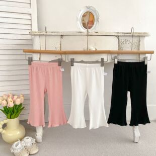 咸蛋家夏季新款韩版纯色女童休闲裤子薄款透气木耳边喇叭裤女宝宝