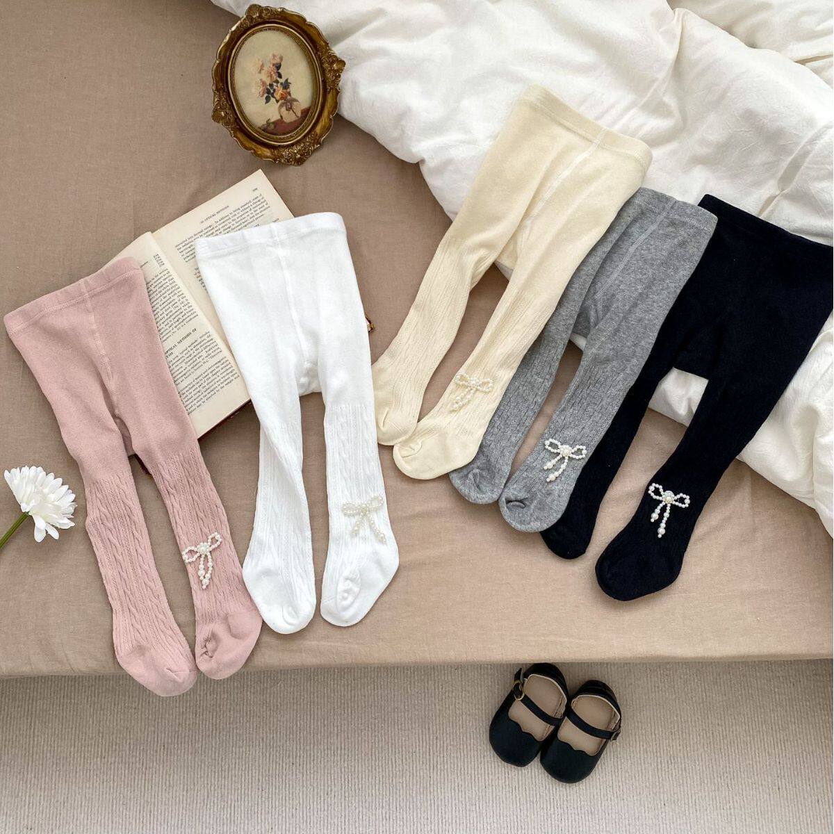 咸蛋家2026春夏女宝宝连裤袜百搭珍珠蝴蝶结踩脚袜子女童纯色打底
