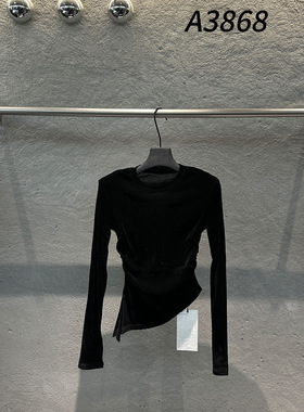 2026年春款长袖t恤女修身韩版丝绒T恤中长款不规则3868