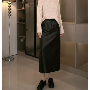 2508真皮羊皮皮裙女秋冬新款 半身裙直筒裙 松紧高腰显瘦过膝长款