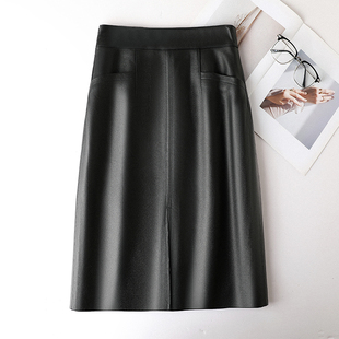 2319海宁小羊皮皮裙秋冬新款高腰显瘦百搭中长款A字半身裙