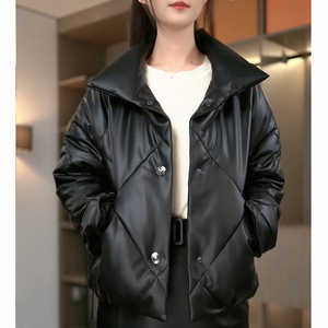 2460女士羊皮皮衣加厚加绒韩版宽松显瘦黑色羽绒服鹅绒服外套