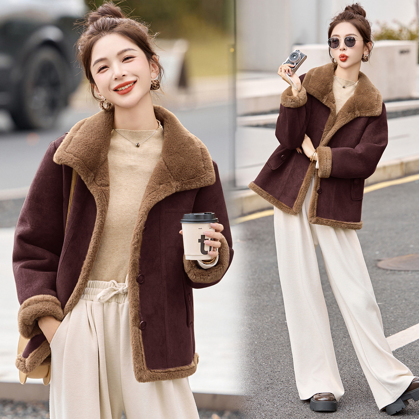 翻领羊羔毛外套女短款加绒棉服宽松百搭显瘦减龄冬季新款棉袄子潮