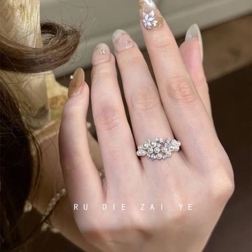 如蝶在野 棉花糖云朵~奶呼呼珍珠粉白锆石戒指轻奢高级感开口戒指