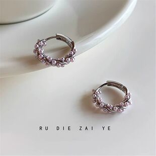 如蝶在野 高级感风信紫色珍珠耳扣耳环小众设计耳钉轻奢气质耳饰
