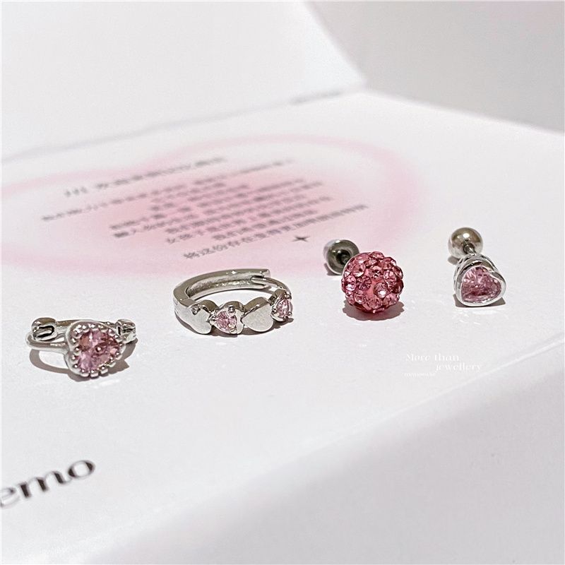 如蝶在野 粉粉四件套钻球爱心耳圈小众甜酷耳骨钉耳蜗叠戴钛钢