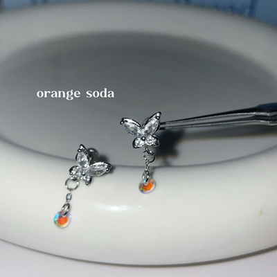 如蝶在野 蝴蝶炫彩吊坠水滴流苏耳骨钉钛钢耳蜗钉睡觉不用摘耳钉