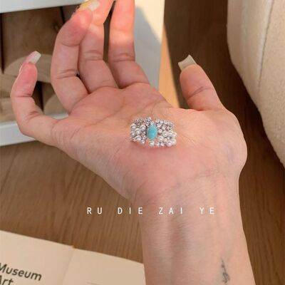 如蝶在野 汀蓝海萤~中古蓝色珍珠排钻戒指千金风轻奢高级感开口戒
