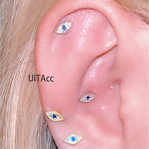 如蝶在野 恶魔之眼钛钢迷你闪锆耳饰免摘拧螺丝耳骨钉养耳洞女