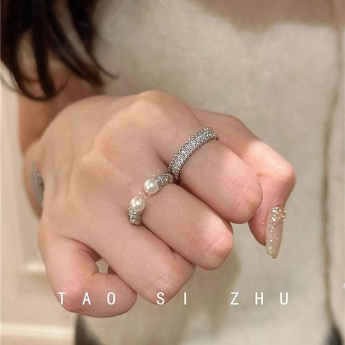 高级感气质麻花珍珠开口戒指秋冬轻奢时尚全钻宽款指环可调节