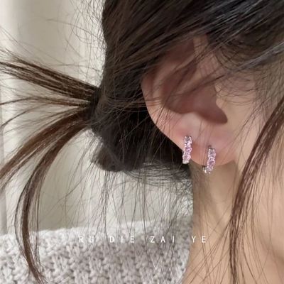 如蝶在野 彩色锆石耳扣双耳洞耳圈超闪精致百搭小众设计小巧耳环