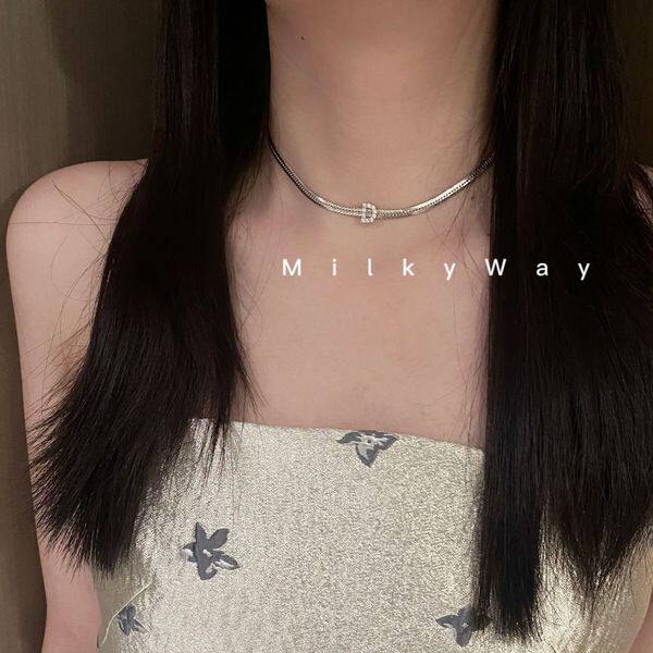 如蝶在野 字母D蛇骨项链女ins冷淡风微镶choker个性镀金锁骨链