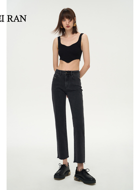 【断码 合适拍】未染牛仔裤女60222灰色高腰直筒弹力九分法棍裤