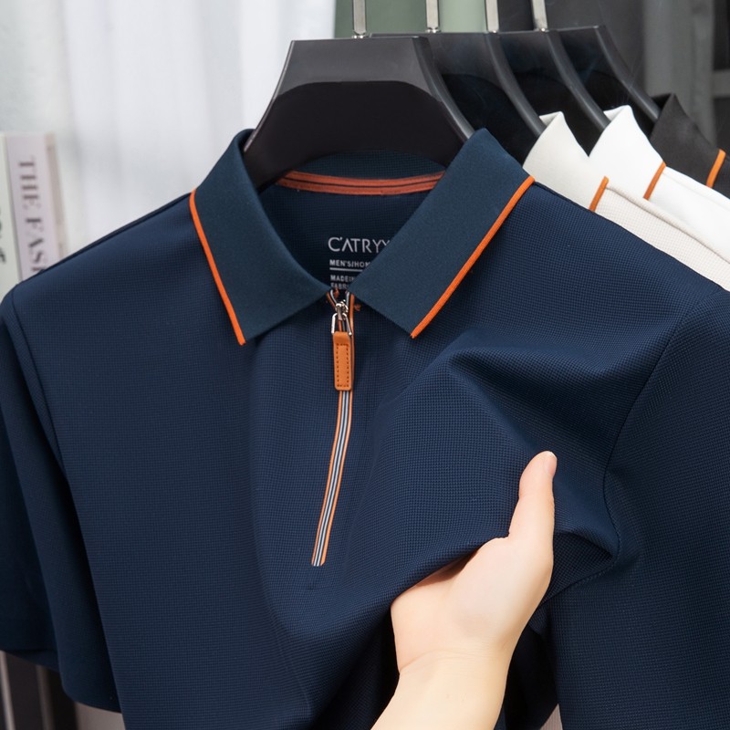 中年男士翻领半拉链短袖T恤薄款锦氨冰丝Polo衫华夫格无缝半袖夏