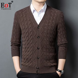100%纯羊毛加厚保暖中年大V领开衫纽扣纯色提花秋冬针织衫毛衣男
