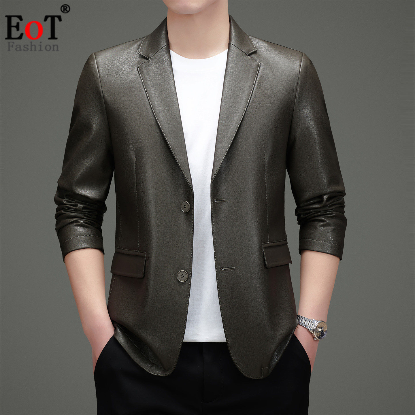 春装新款男士时尚修身休闲PU皮西装纽扣皮衣商务西服外套上衣男装