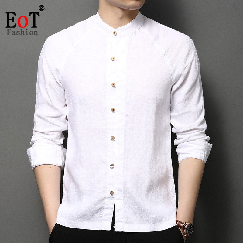 高端100%亚麻长袖衬衫男士中华小立领爸爸装宽松商务休闲纯色衬衣