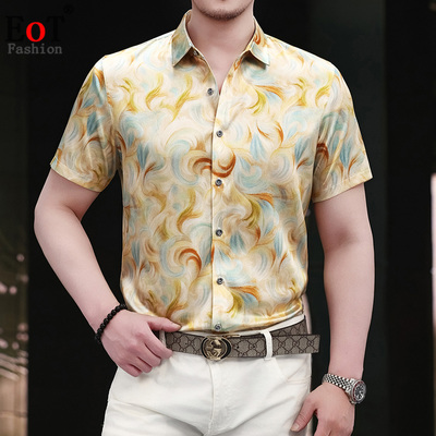 夏季男士桑蚕丝印花短袖真丝衬衫