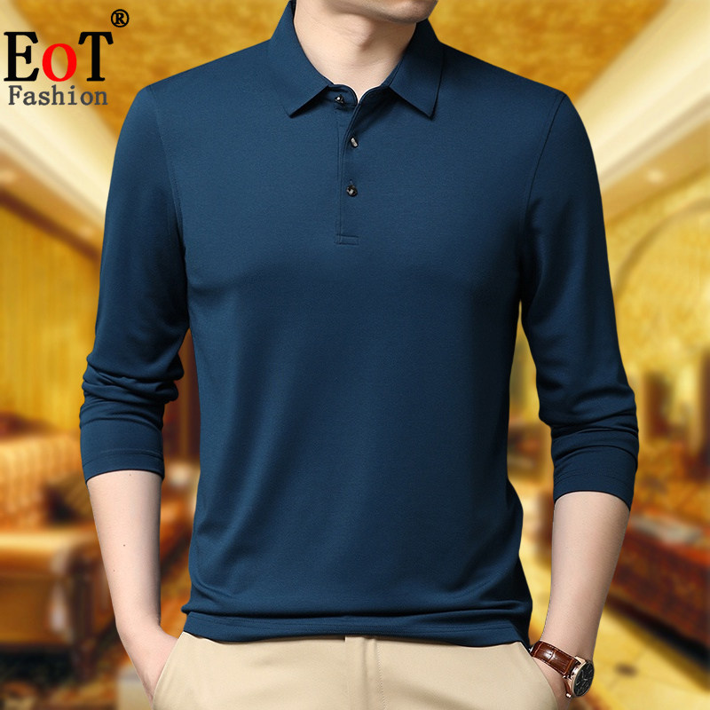 春装中年男士长袖T恤翻领百搭休闲桑蚕丝爸爸装柔软透气免烫体恤