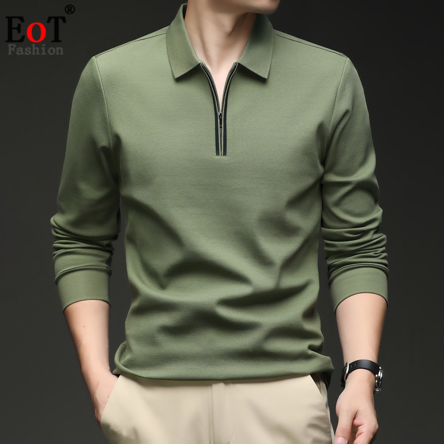 纯棉长袖T恤男翻领半拉链POLO衫中青年男士宽松商务休闲全棉体恤