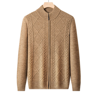 秋冬加厚保暖开衫立领羊毛衫拉链百搭休闲爸爸装外套提花针织毛衣