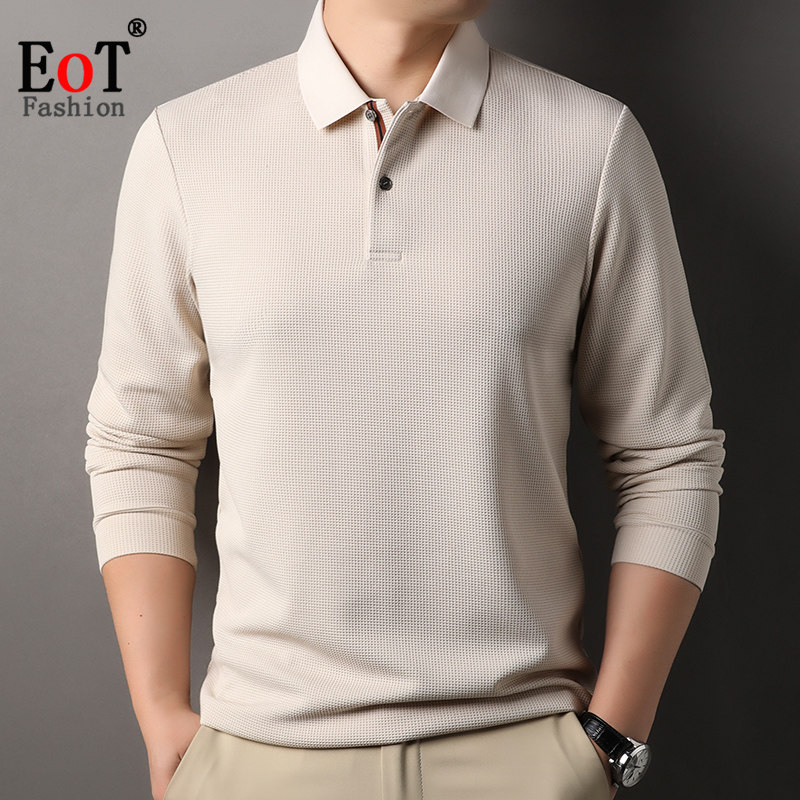 春装中年男纯色翻领长袖T恤宽松休闲百搭华夫格爸爸装打底体恤衫