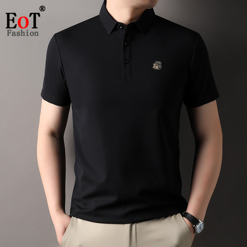 中年男士短袖T恤宽松休闲华夫格纯色polo衫爸爸装冰丝弹力半袖夏