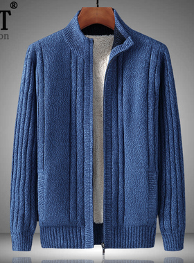 冬装新款加绒加厚毛衣男外套开衫拉链立领宽松保暖纯色针织毛线衣