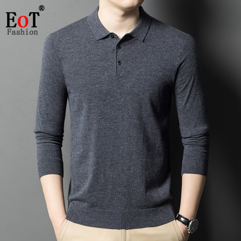 春装长袖T恤男士薄款翻领100纯羊毛衫宽松休闲打底衫中年爸爸装男