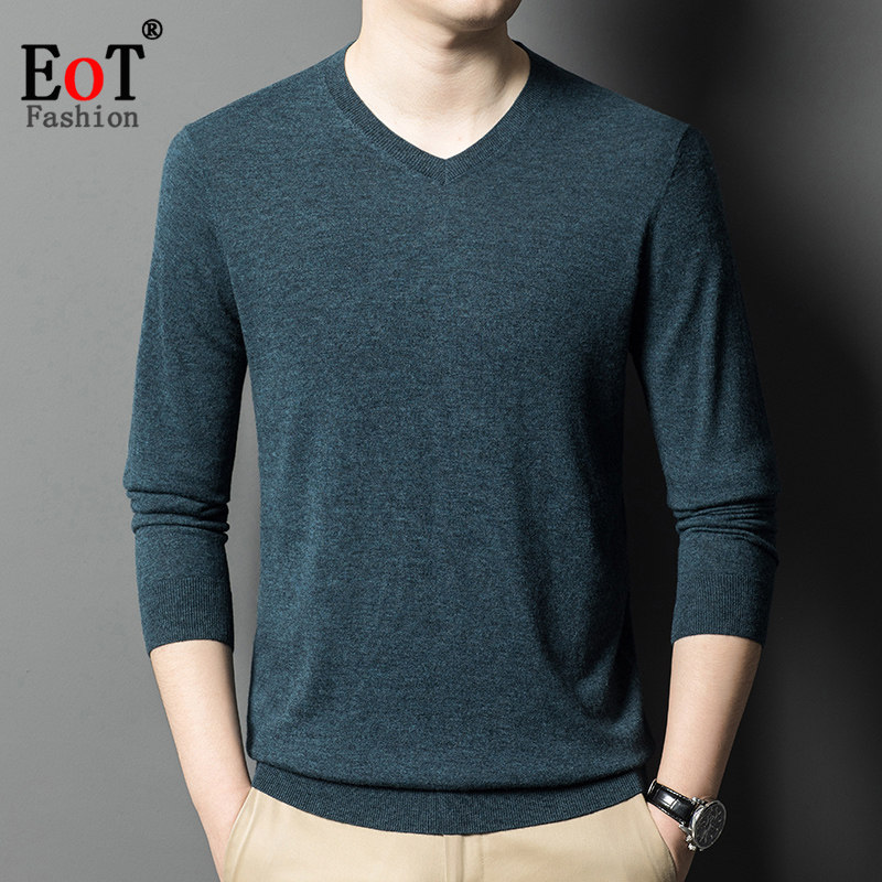 春装中年男士V领针织长袖T恤薄款100%纯羊毛衫爸爸装鸡心领打底衫