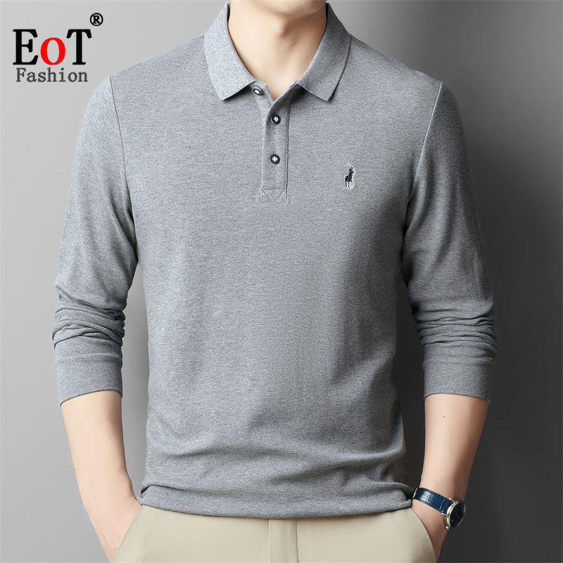纯棉长袖t恤男士翻领宽松休闲纯色polo衫中年爸爸装全棉体恤衫春