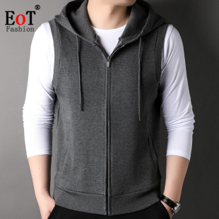 中青年男士时尚百搭休闲连帽马甲纯色无袖卫衣开衫右口袋马夹外套