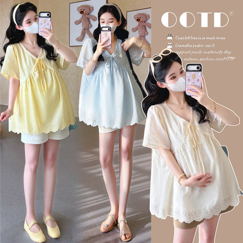 2026夏季新款孕妇装韩版V领蕾丝刺绣时尚百搭减龄孕妈娃娃衫上衣