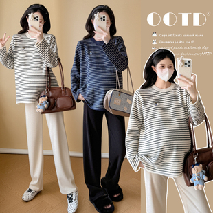慵懒风休闲百搭宽松显瘦上衣 条纹毛衣秋冬款 2025新款 孕妇装