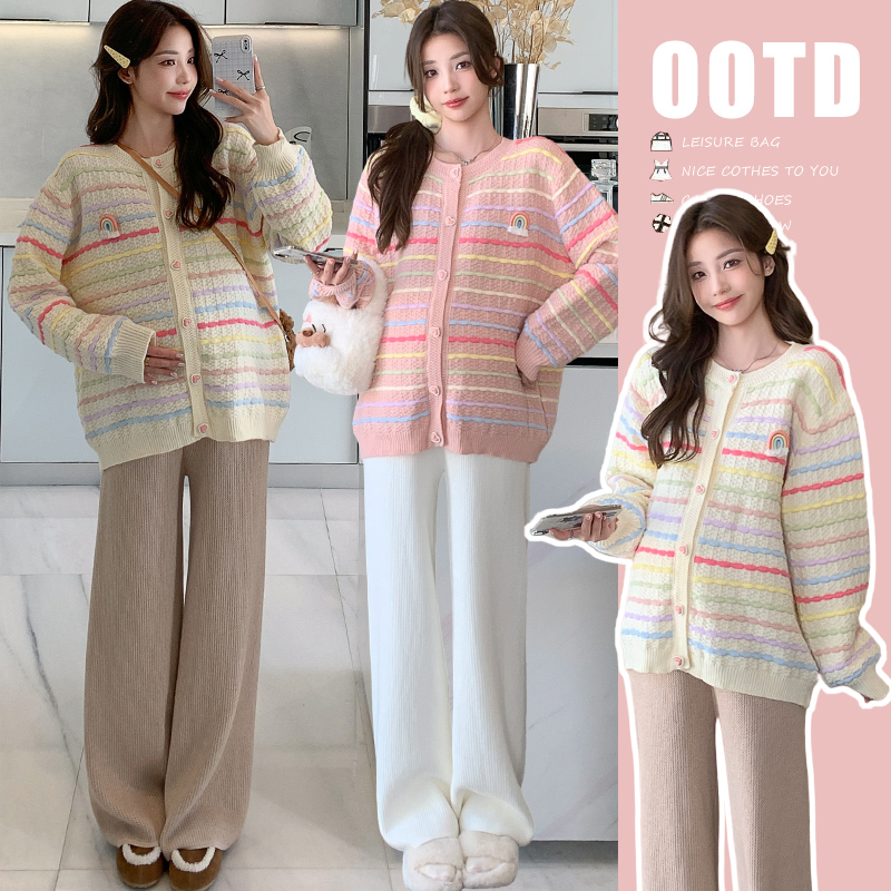 2025秋冬七彩好运外套软糯针织开衫孕妇毛衣圆领休闲减龄显瘦上衣