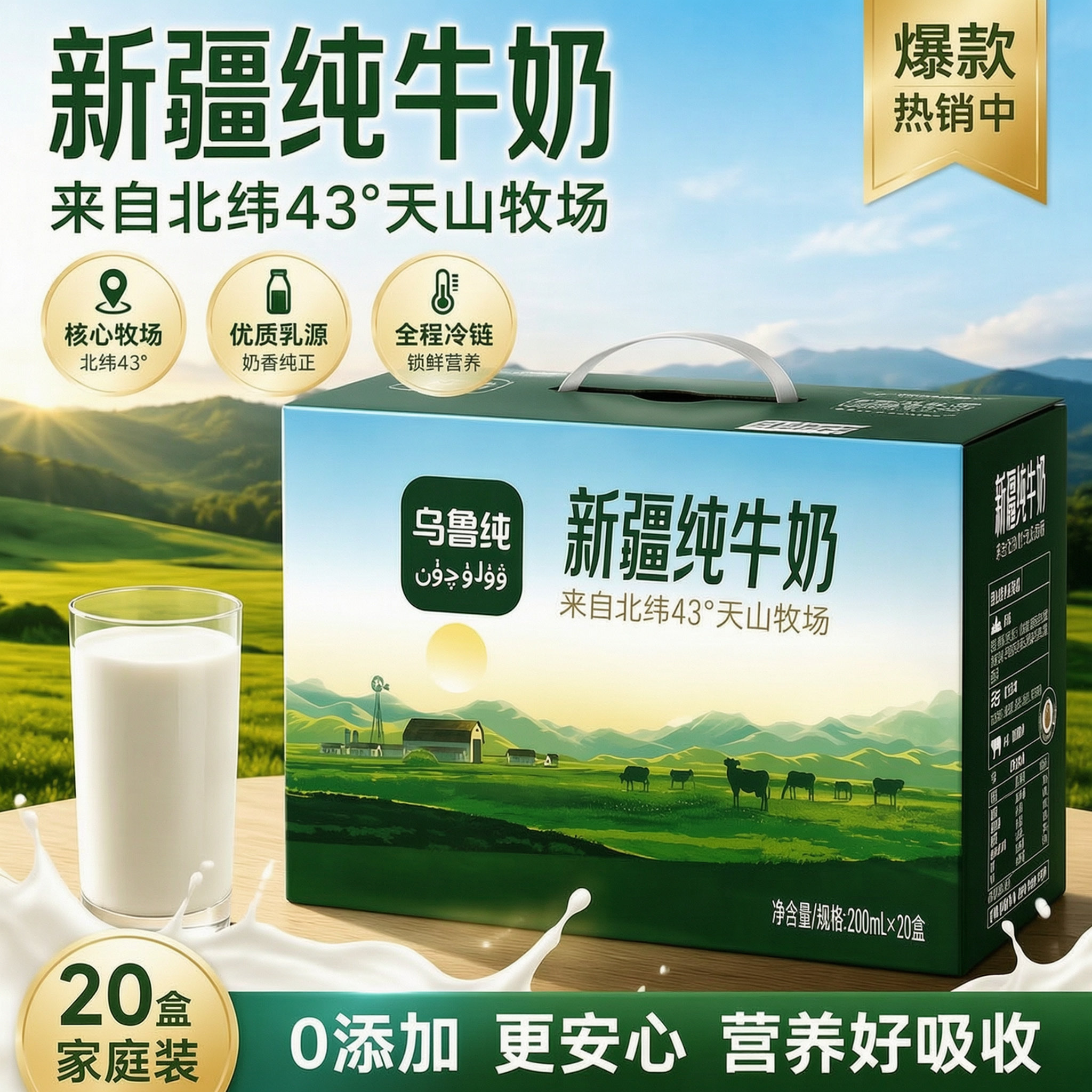 8月产乌鲁纯新疆纯牛奶20盒天山牧场全脂营养早餐奶官方旗舰店