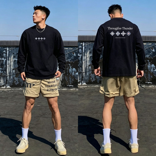 国潮花型字母印花纯棉长袖T恤男