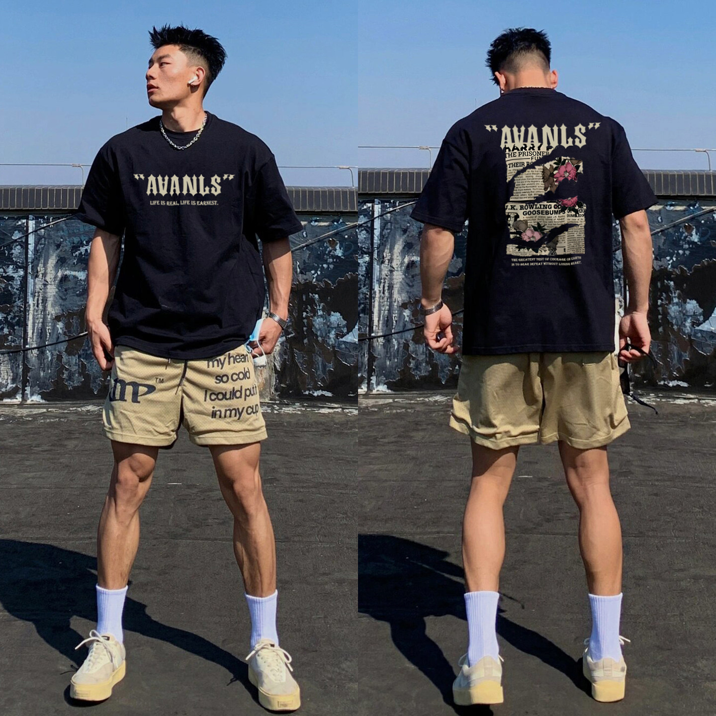 美式复古玫瑰花系列270克重磅纯棉男夏季短袖t恤潮流宽松痞帅上衣