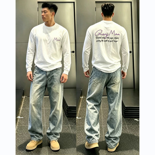 美式潮牌字母印花纯棉长袖t恤男