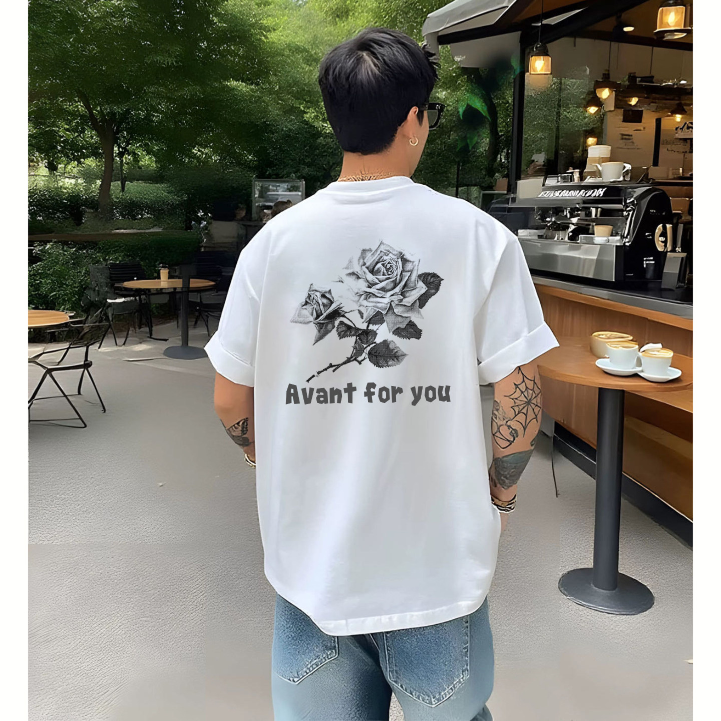 美式虚化玫瑰花印花短袖男t恤国潮重磅纯棉情侣新款宽松圆领上衣