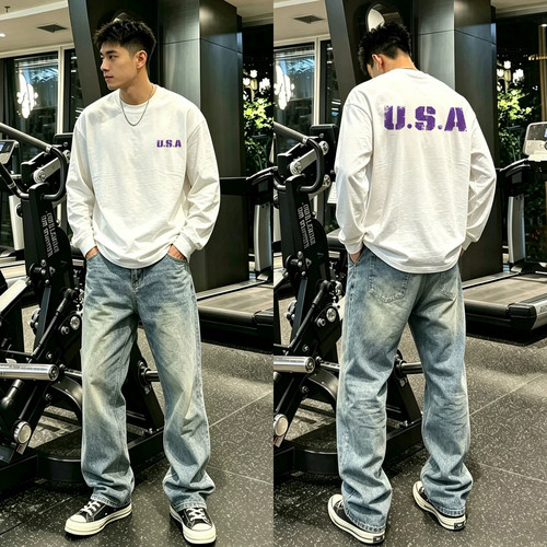 美式潮牌简约字母USA印花长袖T恤