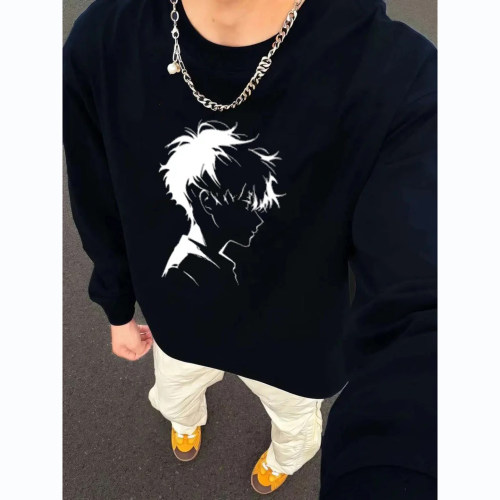 美式潮流侧脸印花纯棉长袖T恤男