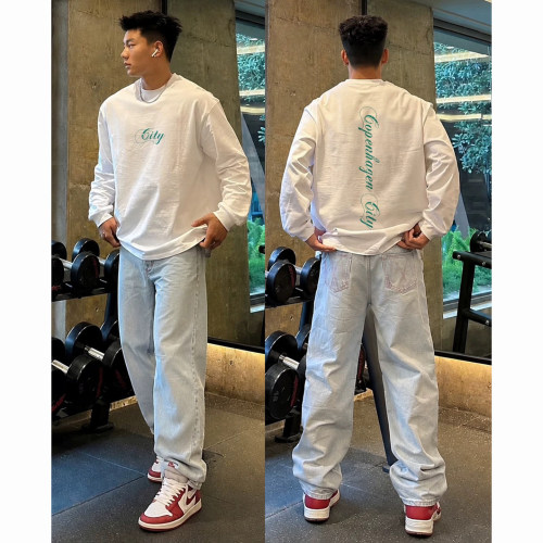 美式竖排字母印花纯棉长袖T恤男