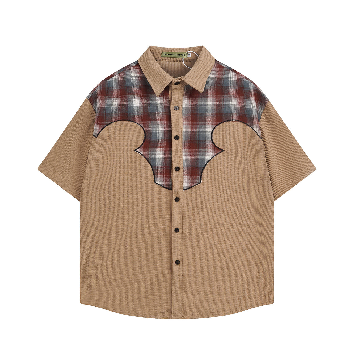 20226夏季美式复古高级感卡其色宽松拼接撞色上衣肌理感短袖衬衫