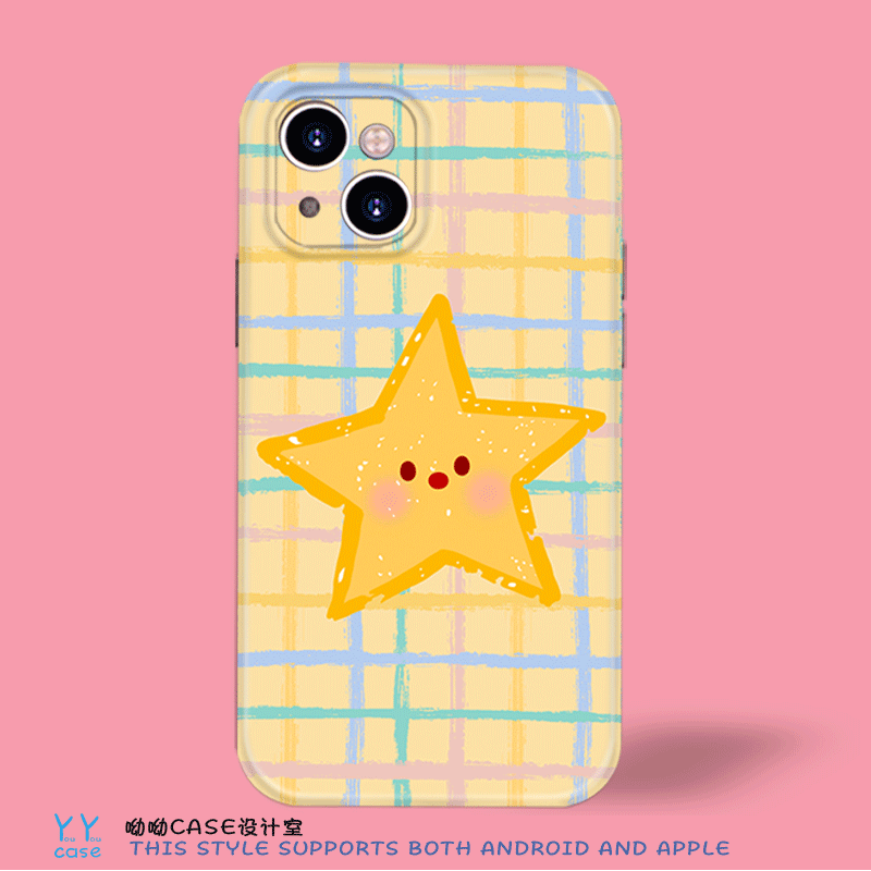卡通可爱表情多彩格纹星星~适用iPhone17promax苹果16菲林光面全包vivoiqoo13opporeno14安卓手机软壳女生款