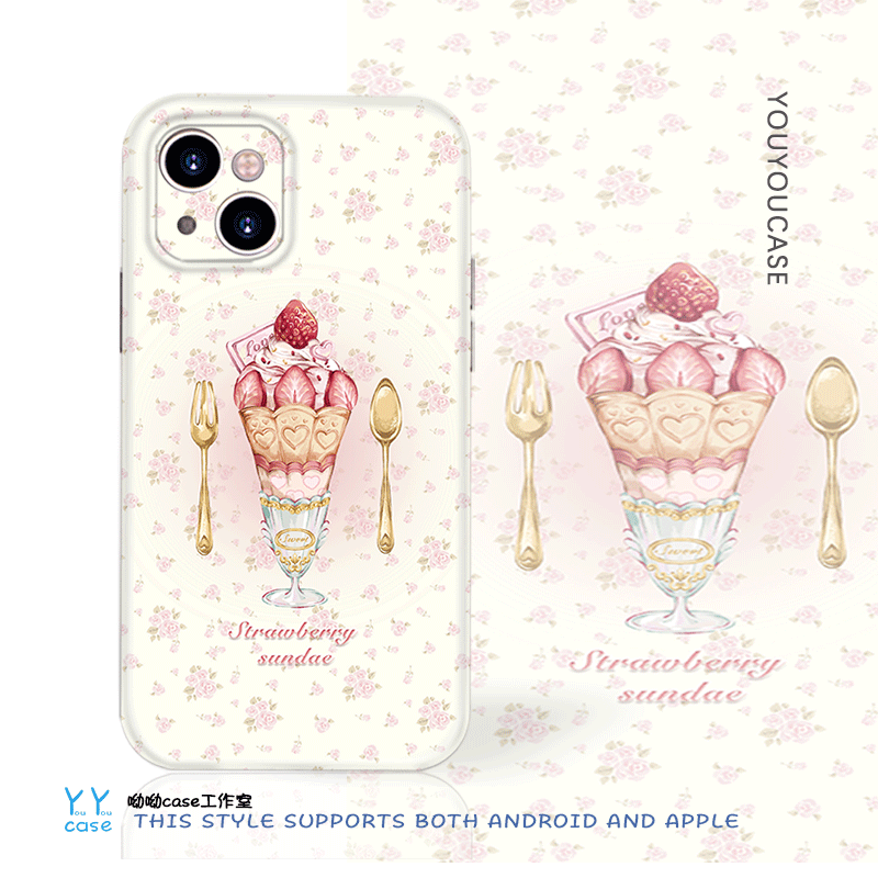 原创插画玫瑰柄图爱心草莓冰淇淋适用iPhone16promax苹果15plus全包防摔光面软华为nova13 小米14iqoo9手机壳