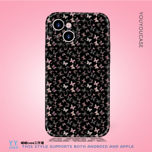 个性甜美少女心蝴蝶插画适用iPhone17promax光面IMD苹果15全包菲林光面定制红米K60oppofindx8s安卓手机软壳