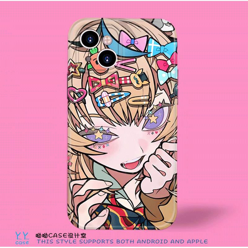 日系插画二次元可爱害羞少女适用iPhone16promax黑框大孔苹果14菲林全包光面小米15一加ACE5至尊版安卓手机壳