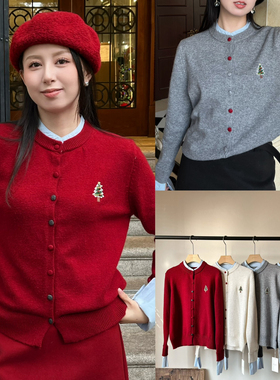 SZE LOOSEN -接衬衫圆领订珍珠圣诞树针织羊毛开衫针织开衫