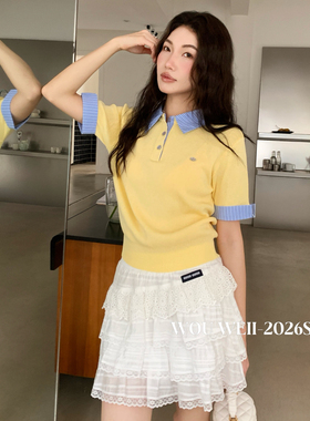 WOU WEII 無尾-学院风polo领正肩修身显瘦拼接短袖T恤针织衫